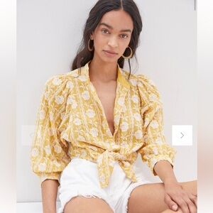 Anthropologie Yellow Floral Tie-Front Puff Sleeve Blouse